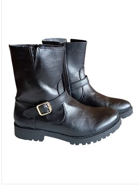 NAUTICA Women's Boots Black Moto Faux Leather Mid Calf Gold Buckle Sz 8